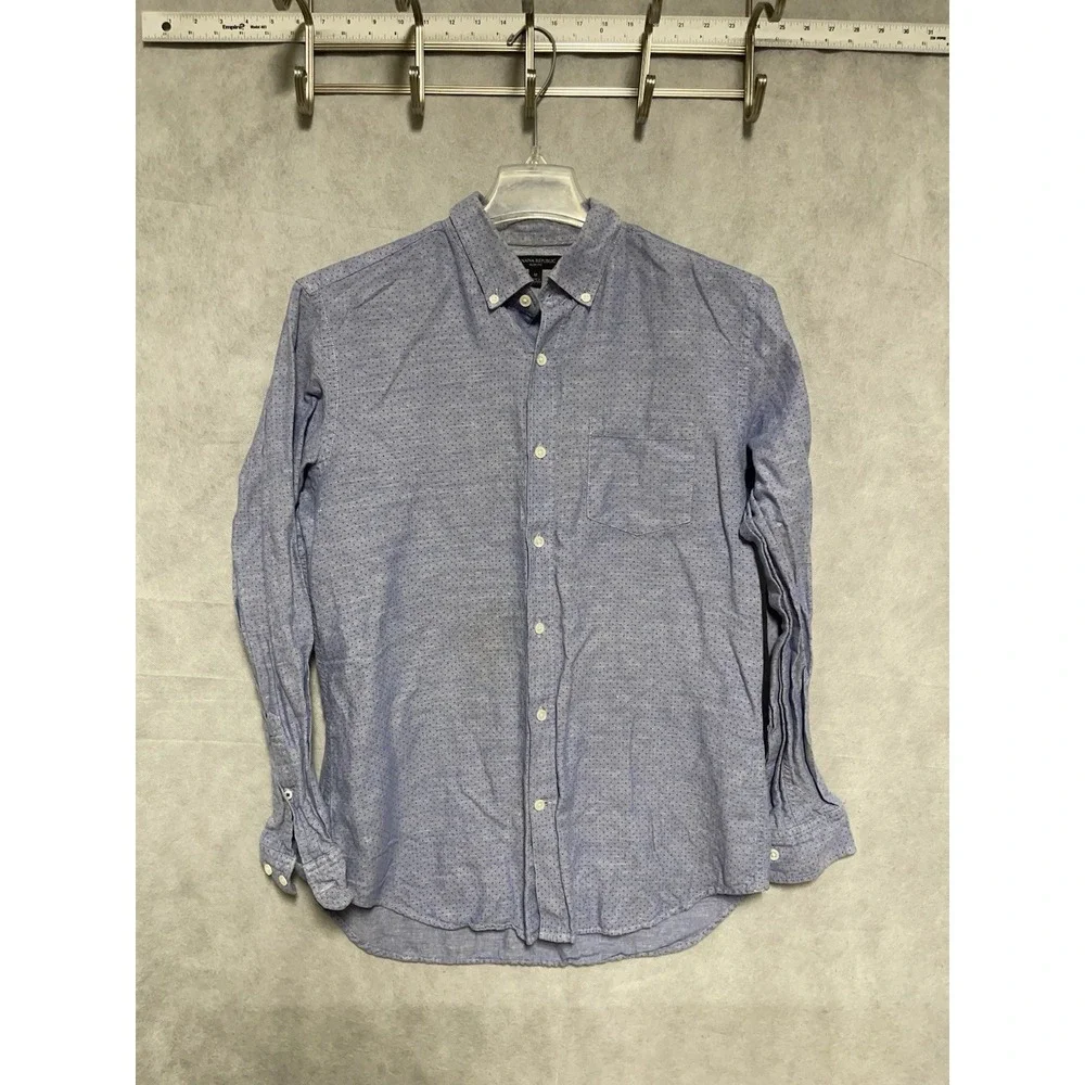 Banana Republic Shirt Men M Blue Dots Geometric Linen Cotton Button Up Slim AOP‎